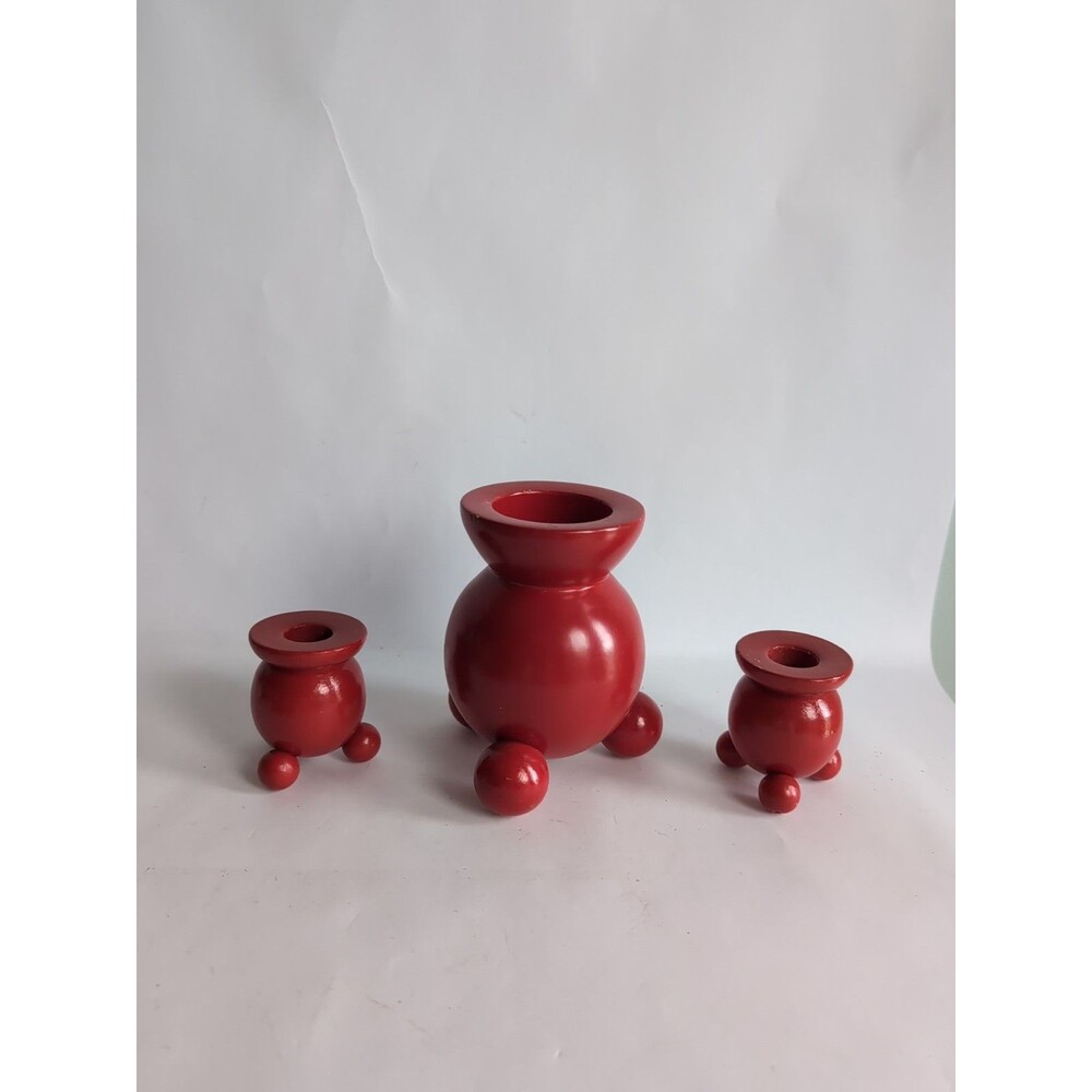 Vtg Scandinavian Red Candlestick Taper Candle Holders Sweden Nordic Set of 3